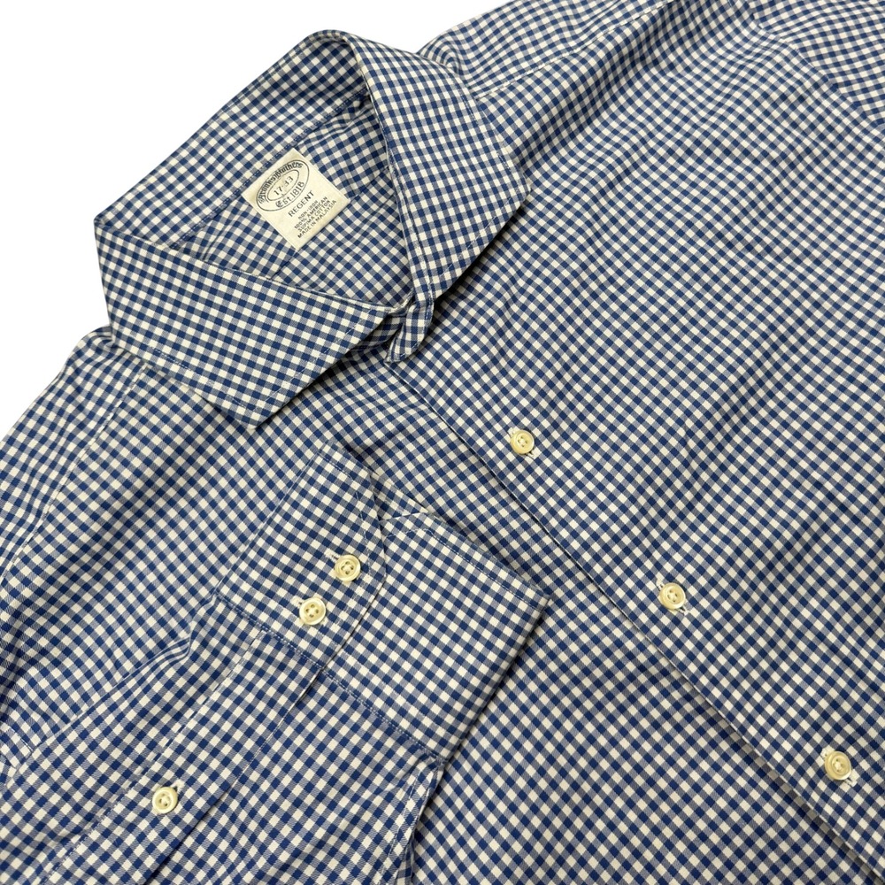 Brooks Brothers Dress Shirt Mens 17 Blue Gingham Non-Iron Supima Cotton Regent